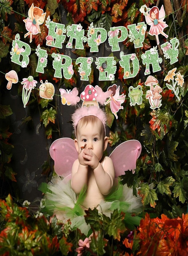 Daifunli 3 Pcs Fairy Birthday Party Decorations Green Glitter Happy Birthday Banner Colorful Hanging Decor Funny Banner Cutout Garland for Themed Decorations Bridal Shower Garden Party Supplies - Image 4